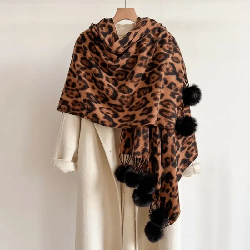 Double Sided Fleece Leopard Print Scarf - Cozy Winter Wrap for Women