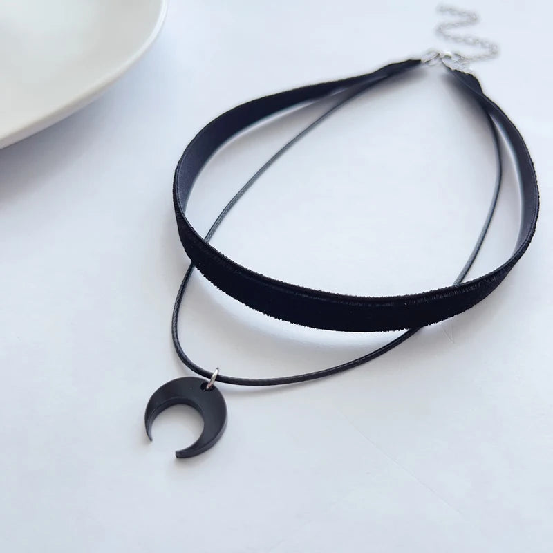 Black Acrylic Moon Crescent Pendant Choker Necklace for Women