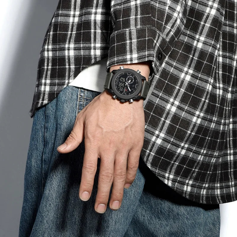 Men's Dual Display Sport Quartz Wristwatch Waterproof Leather Strap