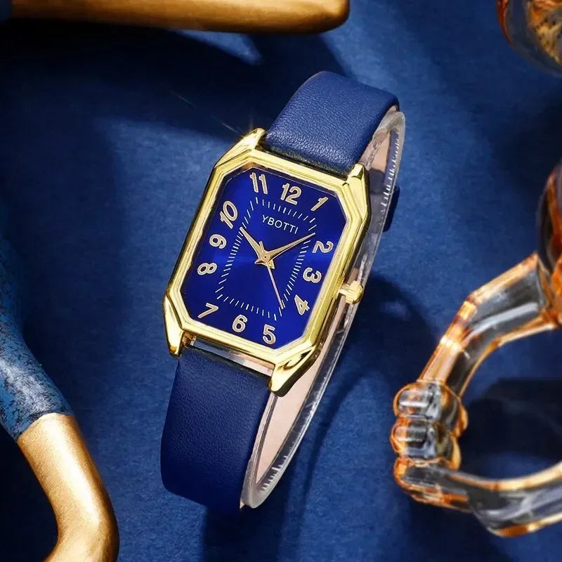 Luxury Women's Square Watch with Blue Leather Band - Classic Quartz Femininine Wristwatch