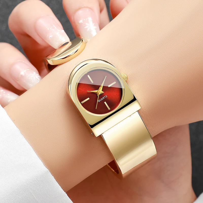 Women's Luxury Gold Cuff Watch with Unique Dial Quartz Movement - Multiple Colors