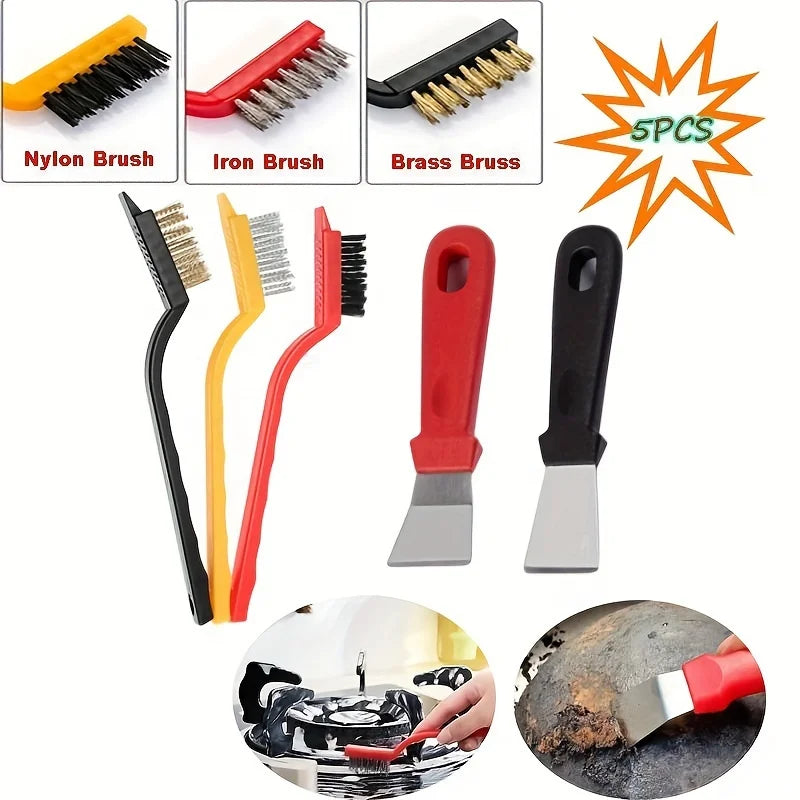 Kitchen Cleaning Brush Set with Gas Stove Scraper and Wire Brushes - Oil & Dirt Removal