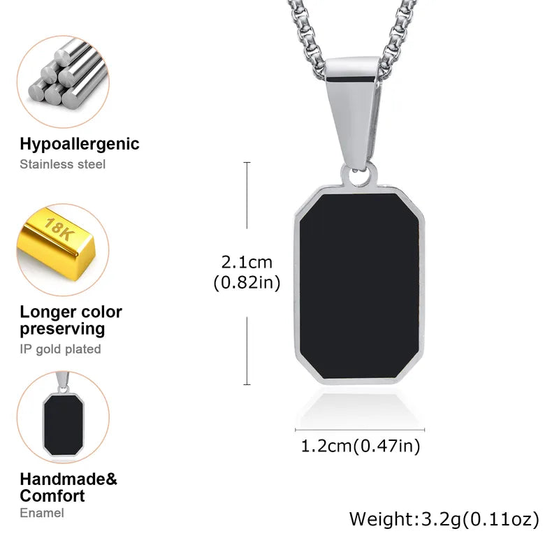 Men's Black Enamel Necklace with Geometric Square Dogtags - Stainless Steel, Anniversary Gift