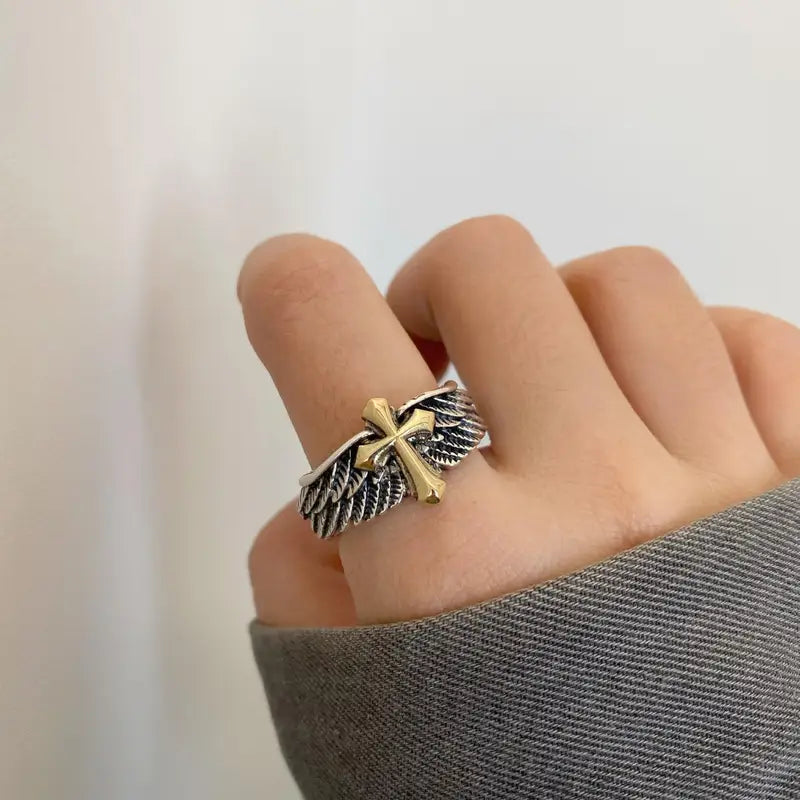 Unisex Retro Cross Feather Graffiti Punk Gothic Adjustable Ring Jewelry Gift
