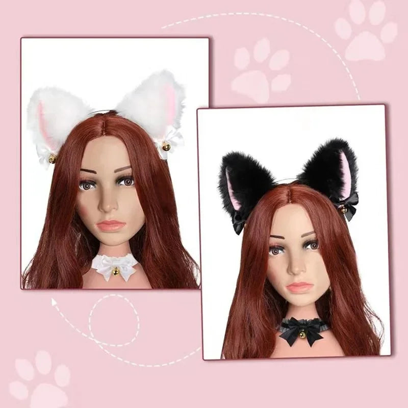 Halloween Cat Ears Headband & Necklace Set for Cosplay Costume - Black & White