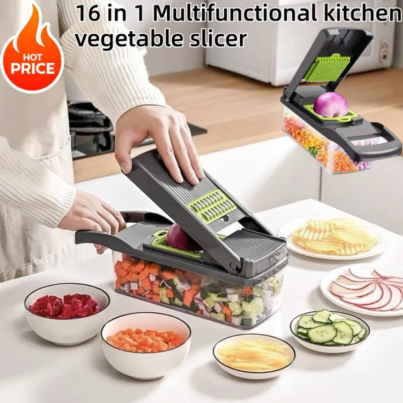 16-in-1 Handheld Vegetable Chopper with Container & Safety Guard