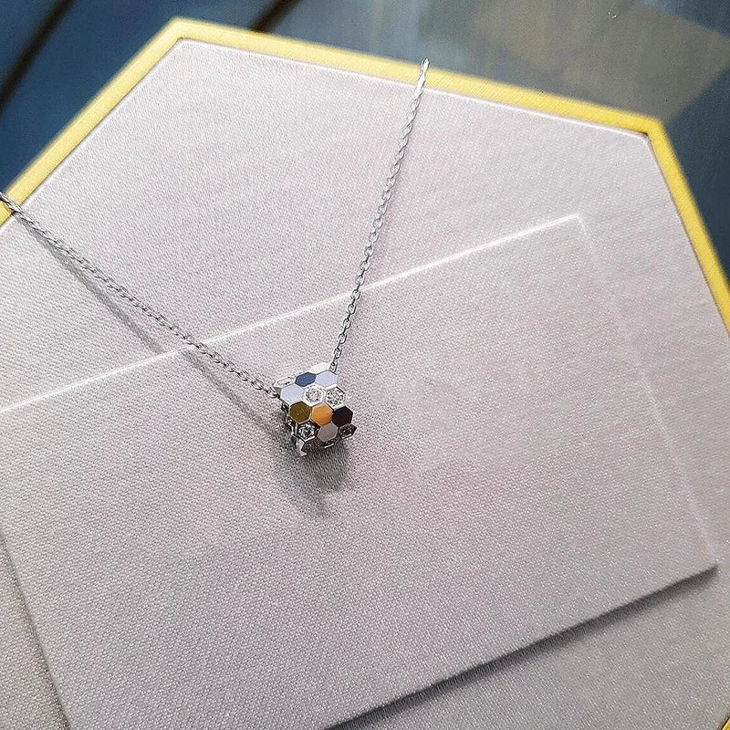 Sterling Silver Diamond-Studded 18K Gold Honeycomb Necklace for Women