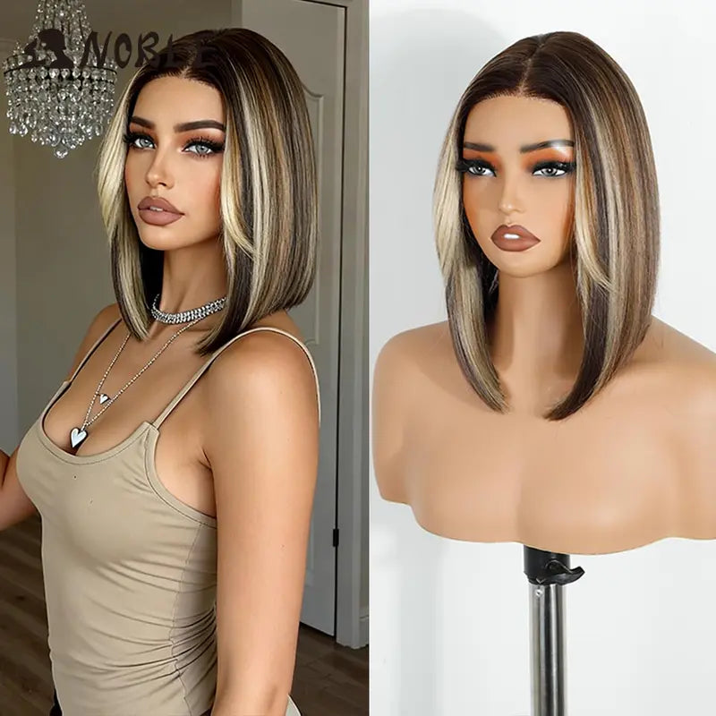 Synthetic Lace Front Wig for Women 12 Inch Ombre Brown Blonde Bob Cosplay Hair