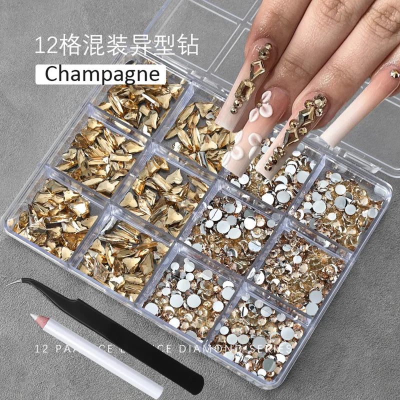 Multi-Shaped Nail Art Rhinestones Kit with Pen & Tweezers - 12 Grids Champagne Gold
