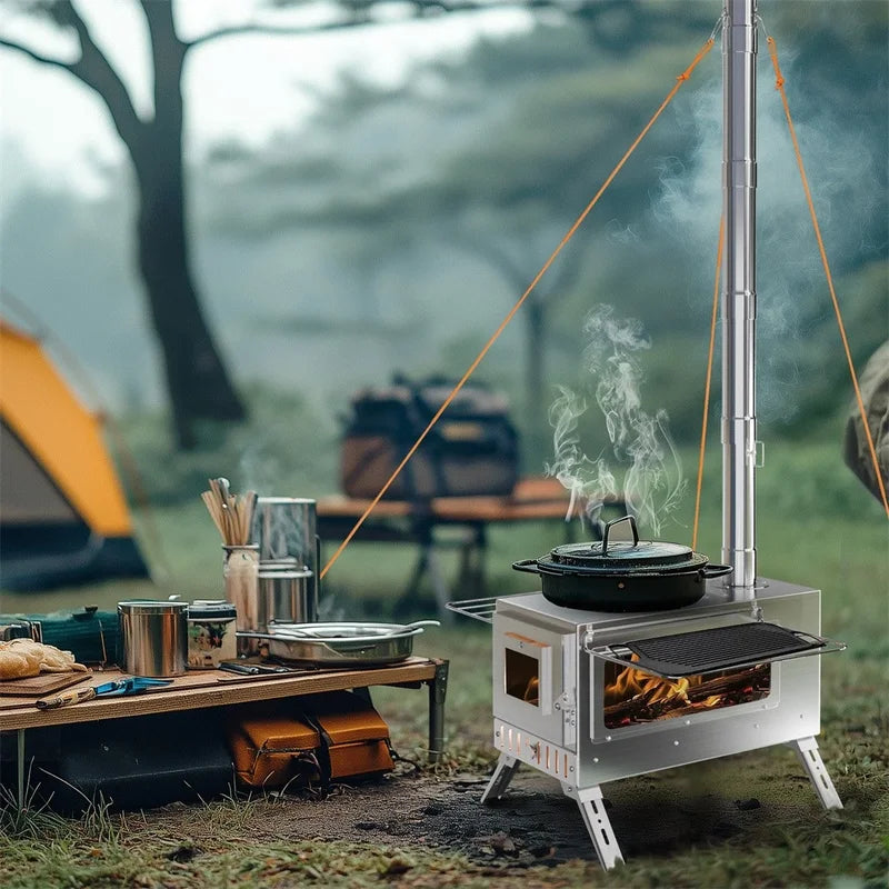 Portable Wood Burning Stove with Chimney Pipes for Camping & Outdoor Heating