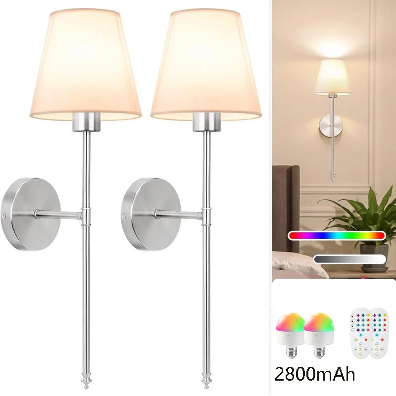 Rechargeable Wall Sconce Nordic Style Fabric Lamp with 2800mAh Battery for Living Room Bedroom Home Office