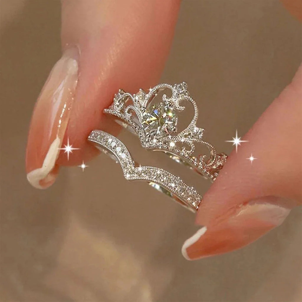 2PCS Adjustable Crystal Crown Rings Set for Women Girls - Vintage Jewelry