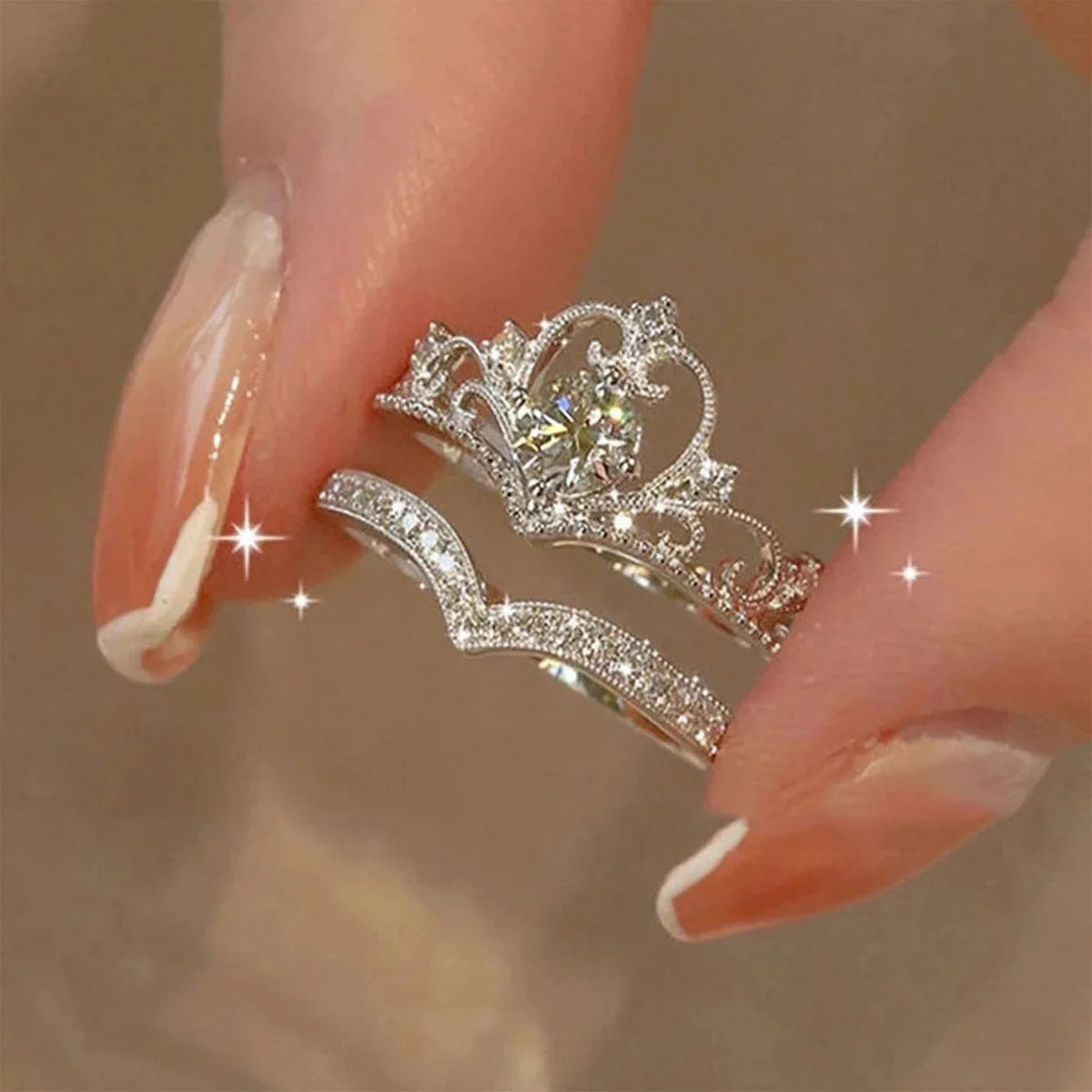 2PCS Adjustable Crystal Crown Rings Set for Women Girls - Vintage Jewelry