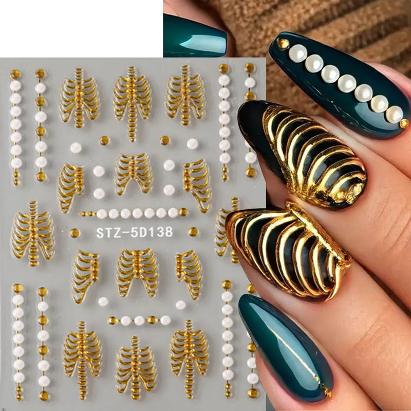 Halloween 5D Embossed Skull Nail Stickers with Pink Roses and Gold Bones for Elegant Nail Art