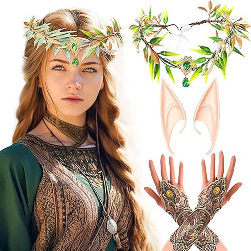 Halloween Fairy Queen Costume Set with Leaf Wreath and Elf Ears - Cosplay Party Accessory