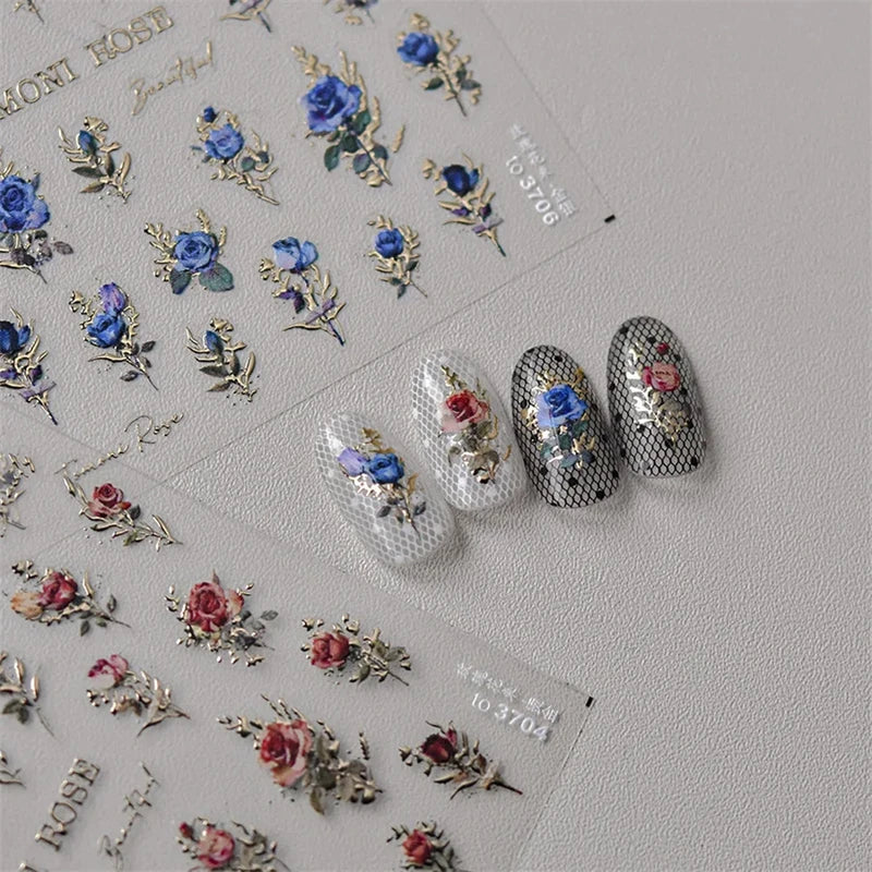 Japanese Vintage Rose Nail Stickers - Gold & Silver Laser Decals for Manicure