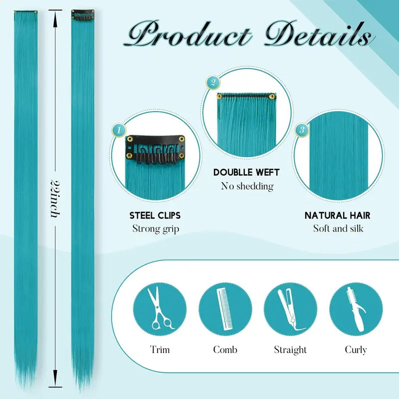 12 Pcs Teal Blue Clip-In Hair Extensions for Kids & Girls - 22 Inch Synthetic Highlights