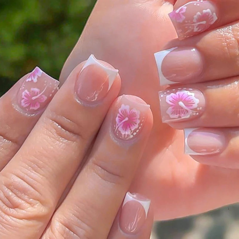 24Pcs Short Square Fake Nail Set with Floral French Design - Full Cover Press On Nails
