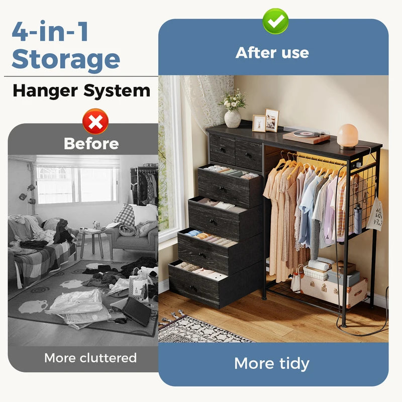 6-Drawer Fabric Dresser with Hanging Rack and LED Lights for Bedroom Storage