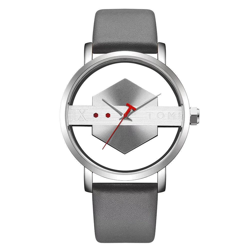 Men's Leather Watch Strap with Hollow Design and Glass Bottom Cover - Quartz Movement