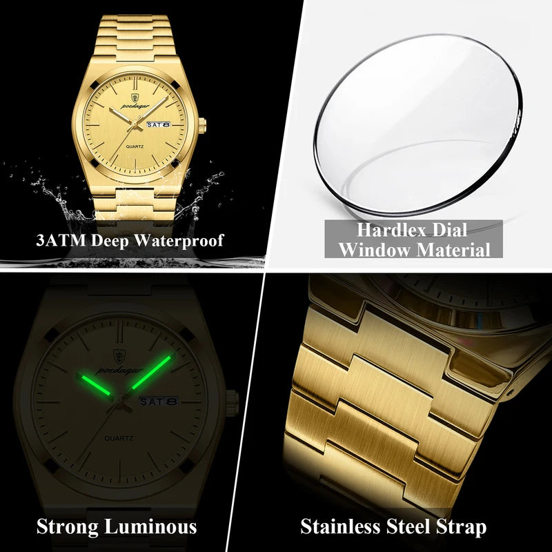 Men's Waterproof Luminous Watch with Date and Week Display - Stainless Steel Quartz Business Watch