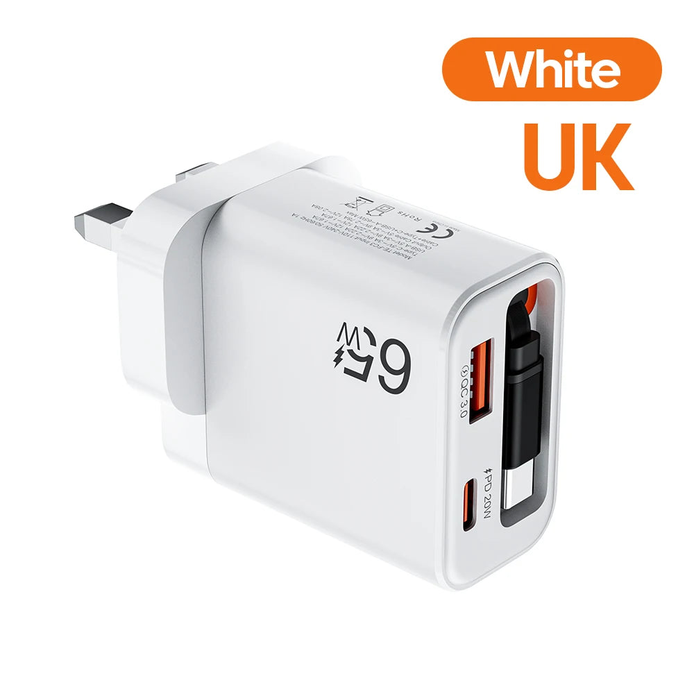 65W USB C Fast Wall Charger with Retractable Type-C Cable and Multi-Port PD QC3.0 Adapter