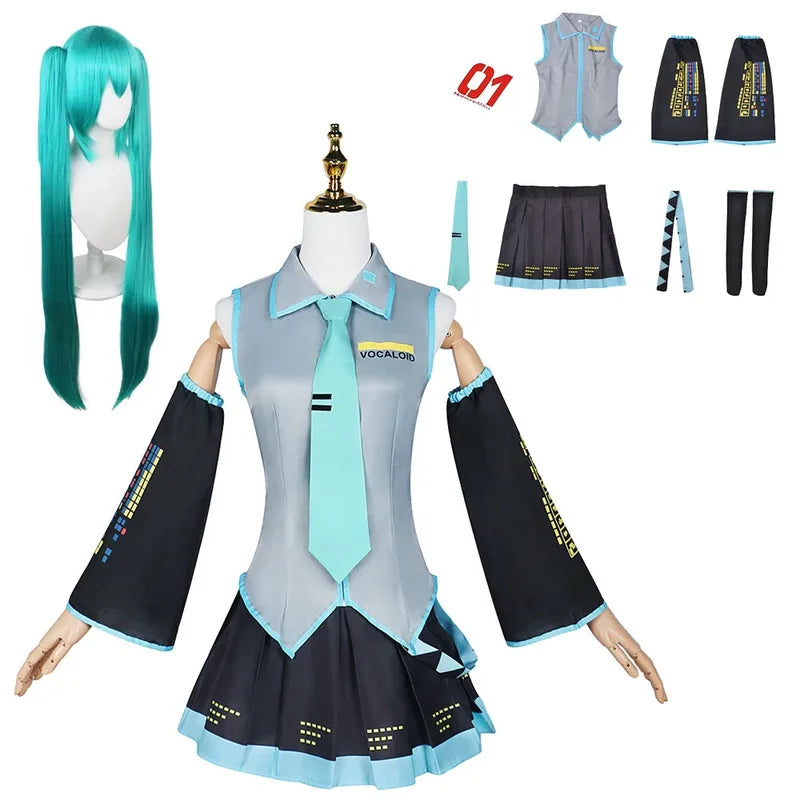 Anime Character Cosplay Costume Hatsune Miku Outfit with Wig and Accessories for Halloween