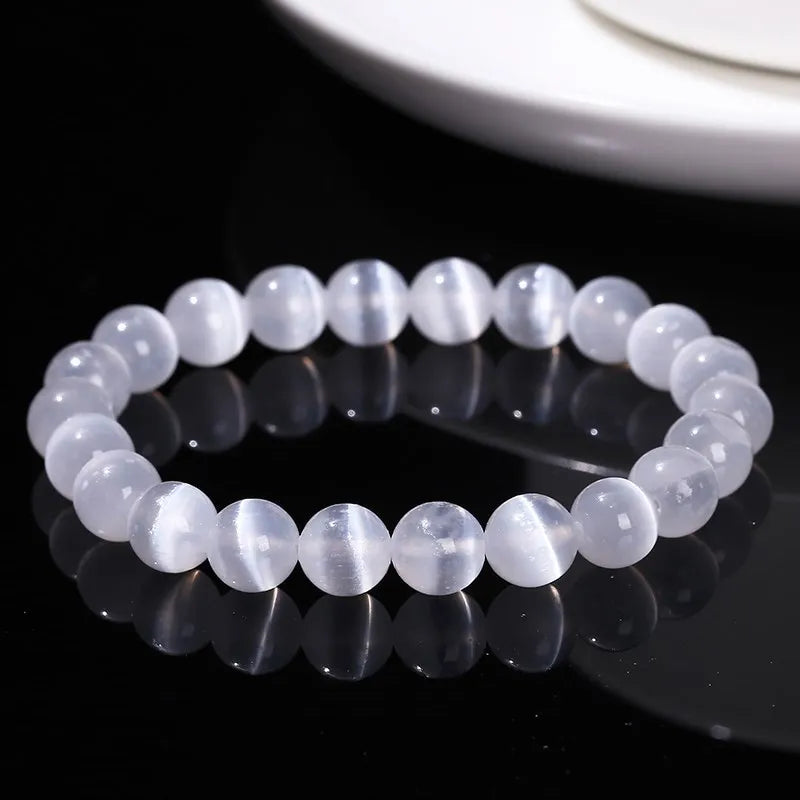 White Selenite Stone Bead Bracelet for Women Men Natural Gypsum Jewelry - Stretch Bangles