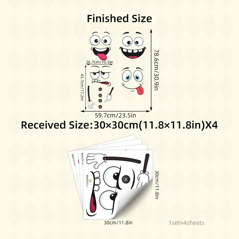 4-Pack Cartoon Expression Trash Can Stickers - Waterproof Vinyl Home Decor