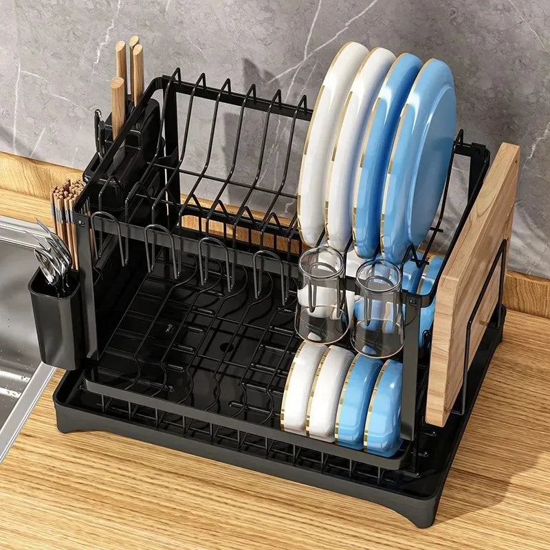 Multifunctional Double-Layer Dish Rack for Kitchen Tableware Storage