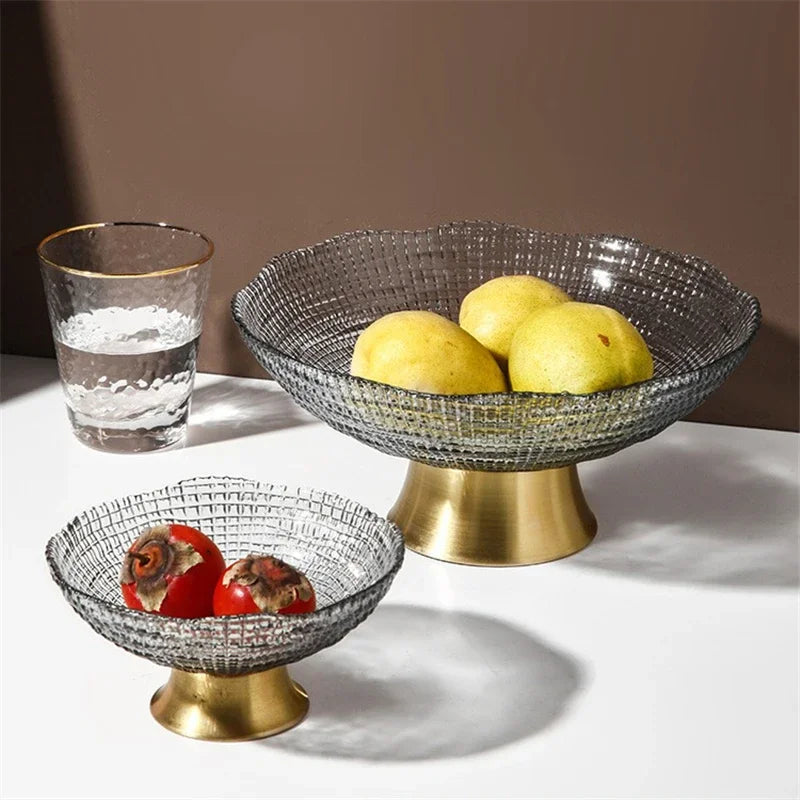 Glass Fruit Plate with Metal Storage Box for Living Room Snack Serving Tray