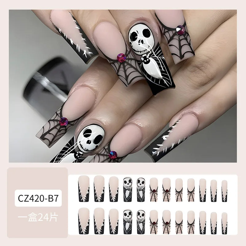 Halloween Press-On Nails with Skull Spider French Full Cover Fake Tips - 24pcs