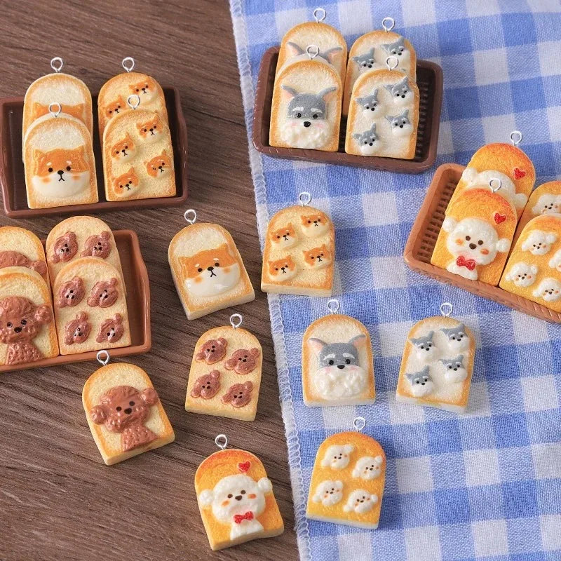 10Pcs Kawaii Puppy Dog Teddy Bread Pendant Jewelry Charms Resin Animal Accessories