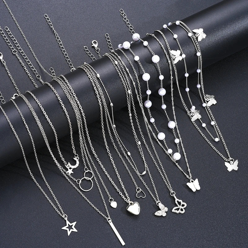 11Pcs Heart Butterfly Moon Pendant Necklace Jewelry Set for Women, Silver & Gold Colors