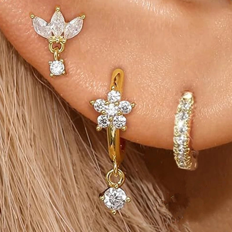 3-Piece Stainless Steel Hoop Earring Set for Women with Zircon Flower Studs