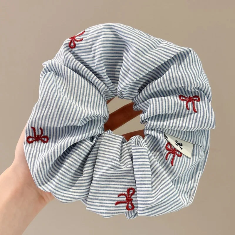 2pcs Blue Striped Red Bow Cherry Hair Scrunchies - Soft, Elastic & Gentle Hair Ties