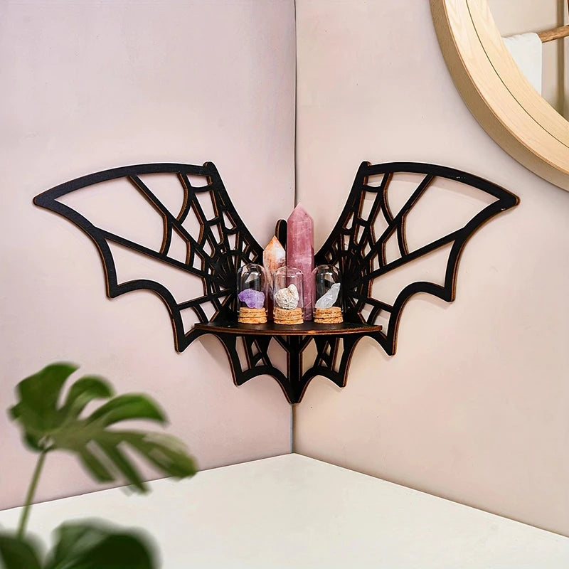 Bat Shaped Floating Corner Shelf - Wooden Gothic Wall Display Shelf for Home Decor