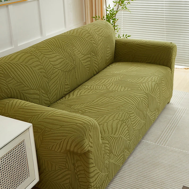 Jacquard Leaves Pattern Sofa Slipcover - Non-Slip Stretch Protector for L-Shaped & Sectional Sofas