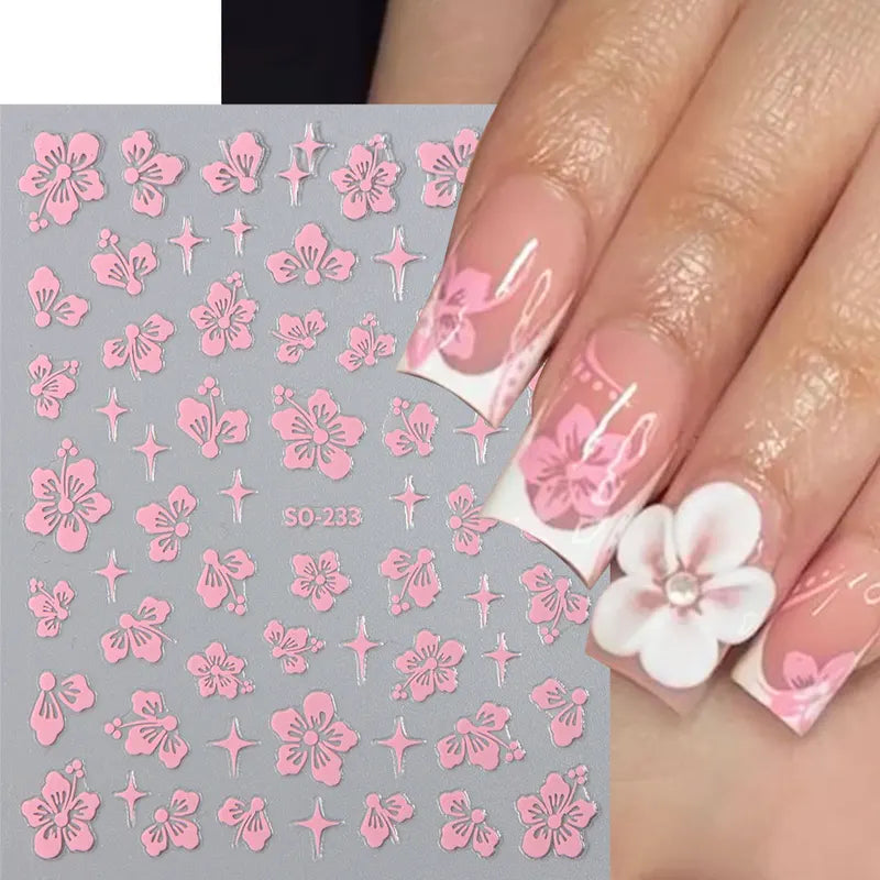 4pcs 3D Hibiscus Flower Nail Art Stickers Tropical Floral Decals for Manicure