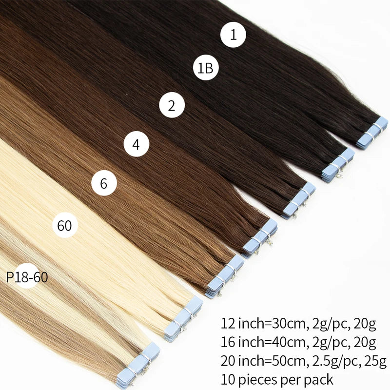 Natural Human Hair Extensions Tape-In Weft - Double-Sided, Black Blonde Brown Options