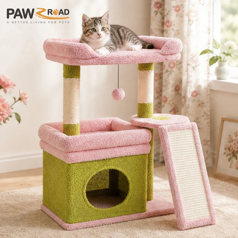 Small Cat Tree Tower with Sisal Scratching Posts and Large Perch - Indoor Cat Furniture