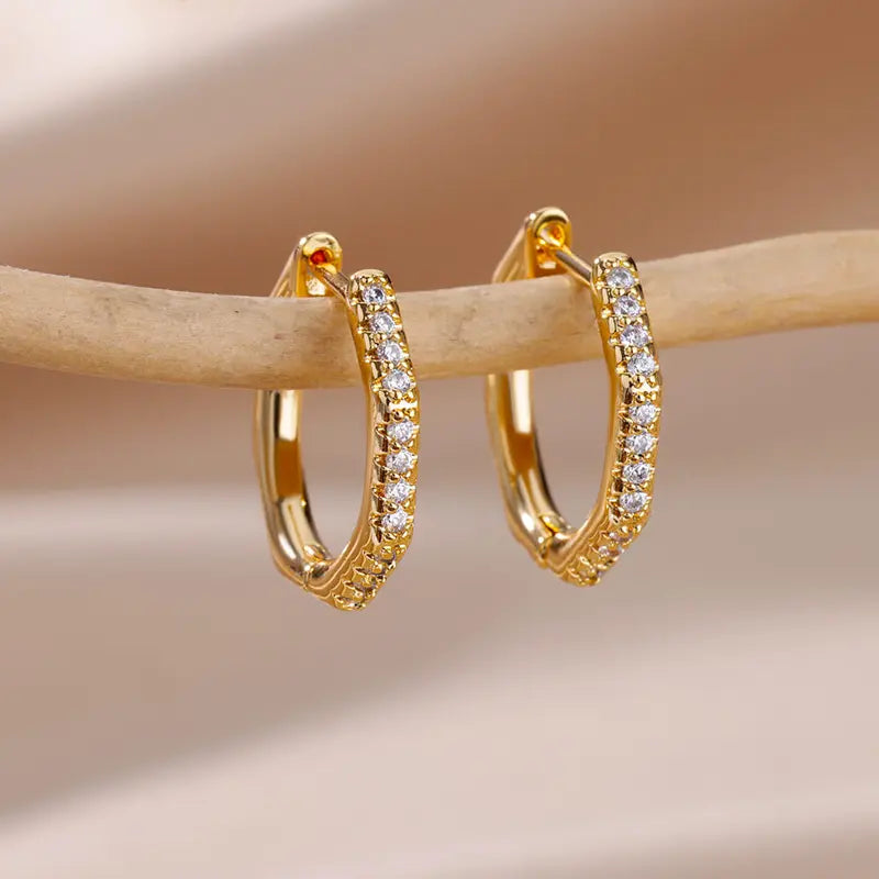 Polygon Zirconia Earrings for Women Stainless Steel Hoop Jewelry Trend 2024