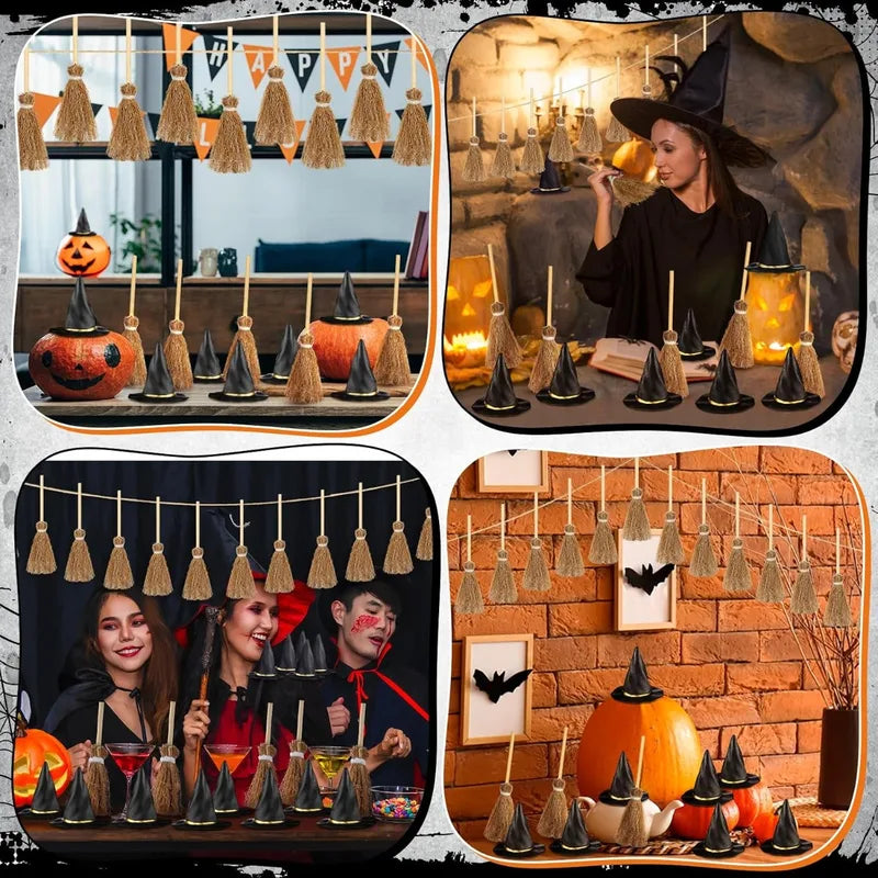 Mini Witch Hat & Broom Set for Halloween Party Decor - 10-50Pcs
