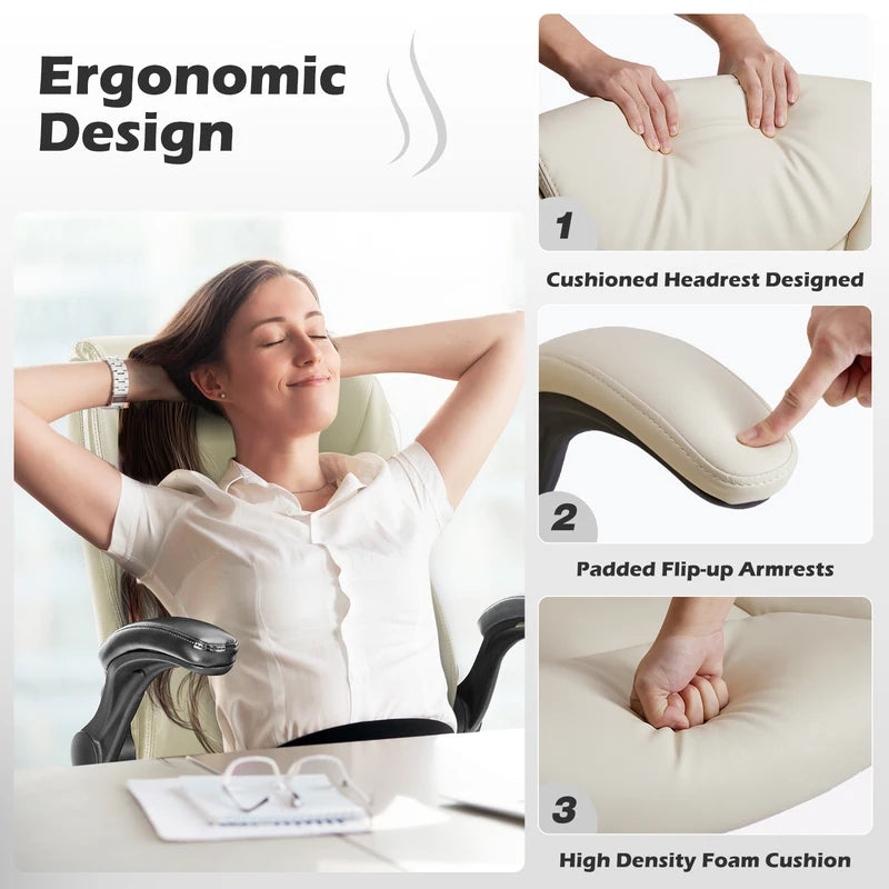 Ergonomic Office Chair with Flip-Up Arms and Adjustable Swivel - Heavy Duty PU Leather Gaming Desk Chair