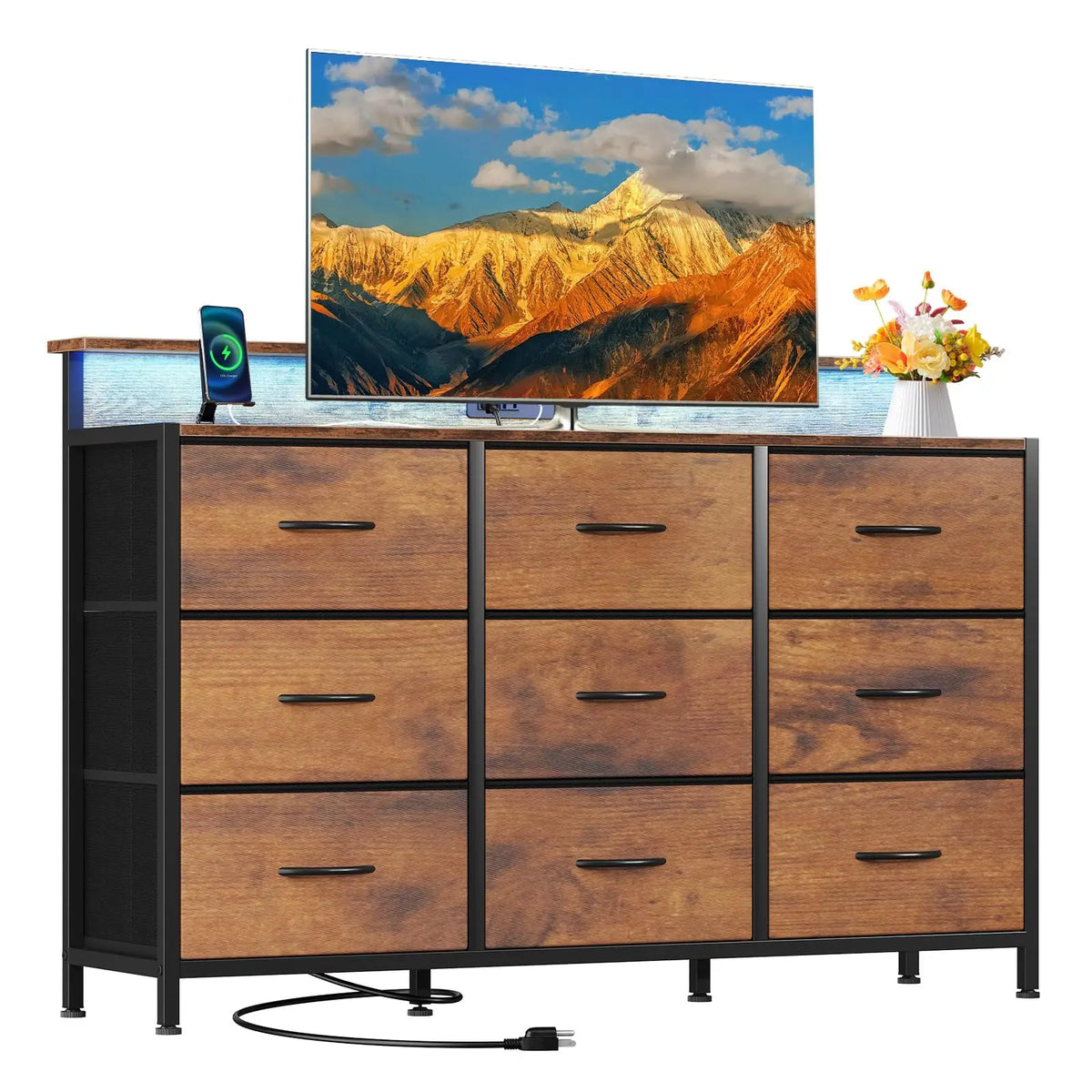 Large TV Stand with 9 Fabric Drawers and Built-In Charging Station for 32-52 Inch TVs