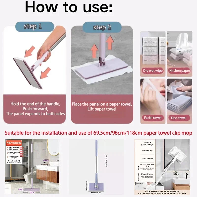 Hands-Free Flat Mop for Face Towels and Floor Cleaning - Reusable Swivel Mini Mop