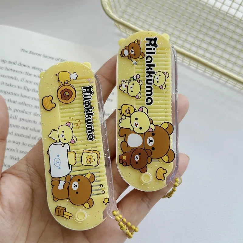 Cute Rilakkuma Folding Comb Mirror Set for Girls - Portable Hair Brush & Massage Tool