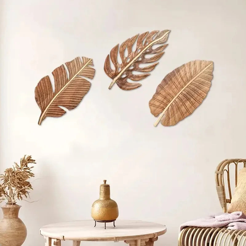 Wood Leaf Wall Art Decor Set of 3 Bohemian Indoor Wall Sculptures