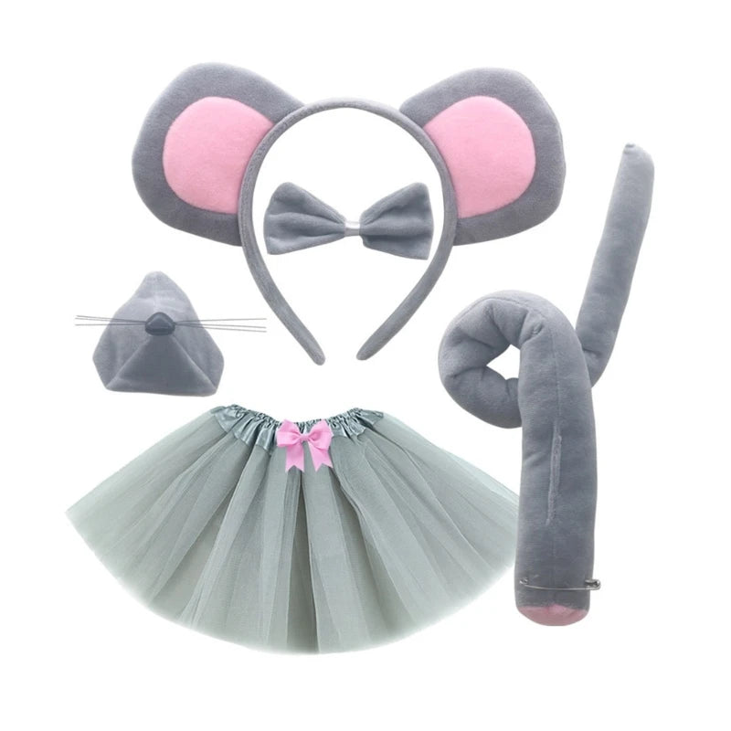 Kids Halloween Mouse Costume Set with Ears Tail Bowtie Skirt Gloves for Cosplay