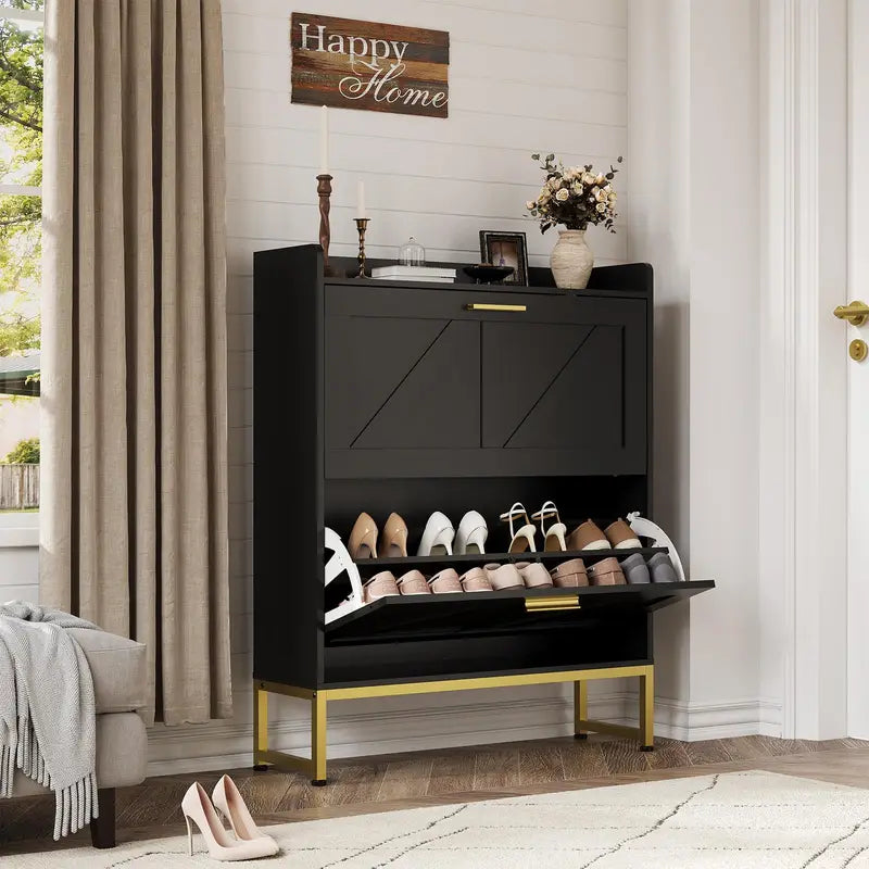 Narrow Shoe Cabinet with Flip Drawers, Adjustable Shelves, Dustproof Back - Freestanding Entryway Storage
